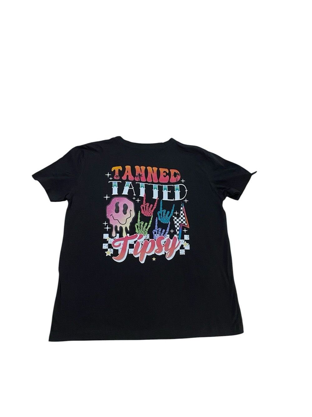 Y2K Retro Summer Vibes T-Shirt - Black Graphic Tee Smiley Flamingo, Disco Sun L